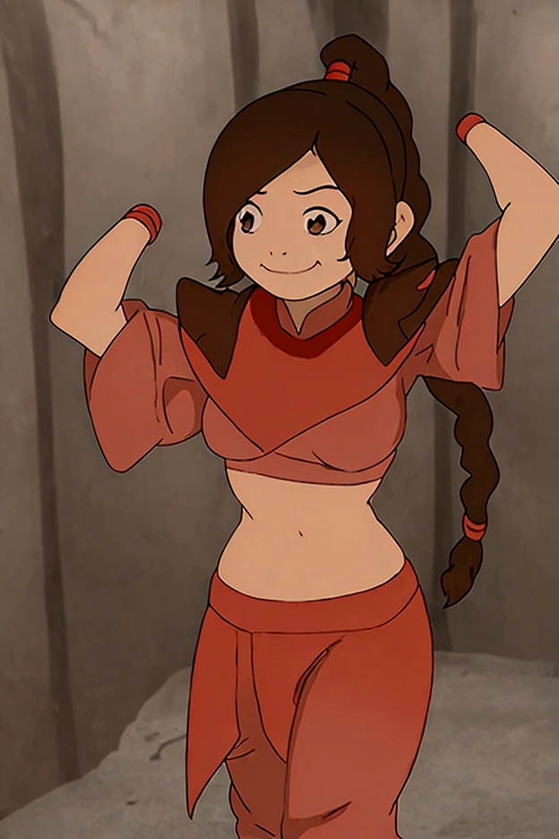 1girl, solo, brown_hair, smile, navel, brown_eyes, grey_background, simple_background, looking_at_viewer, midriff, braid, upper_body, crop_top, breasts, closed_mouth, short_sleeves, shirt, pink_shirt, long_hair