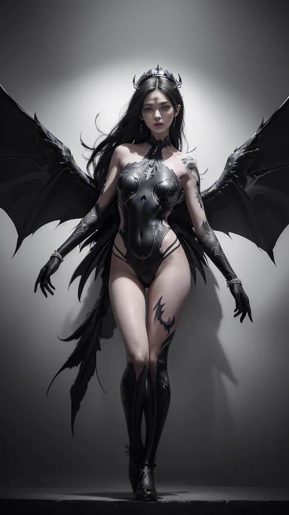 ((Perfect dynamic composition:1.7, Detailed tattoos all over the body:1.6, Wear exquisite jewelry:1.6)), Highly detailed skin and facial features:1.3, Details of the limbs, wings on shoulder, Angel wings and devil wings, white wings and black wings, (Realistic picture, highest resolution, 16ก), (A demon god with wide wings and enormous power on his shoulders..., Twelve wings on the shoulders., black bat wings:1.3 white angel wings:1.5), 6 angel wings, 6 devil wings, (Beautiful girl with two meter long hair, shiny black hairงาม, Smooth white skin, Lips are very red.), ((stand, already)), (big breasts, หัวBig tits), (gigantic breast, breast augmentation, Breast 400 cc., small waist, hips raised, small thighs, Long legs), (dynamic poses), (Armor that slightly conceals the body), Separate theme, (Angel wings and devil wings), floating in the air above the groundดิน, background darkness, Embraced with twelve wings, The horns that grow from the head are like a crown., He who has light, wears little armor, There is power coming out of the body., sparkling wings, white light black light, amazing wings, beautiful gesture, 8K resolution, Resolution 4000 x 2250 pixels, beautiful gesture, Angel wings and devil wings, (Realistic picture, highest resolution, 16K), (A demon god with wide wings and enormous power on his shoulders.., Twelve wings on the shoulders., black bat wings:1.3 white angel wings:1.5), Angel wings and devil wings, white wings and black wings,, Have wings 100 Have wings 1000, Angel wings and bat wings, wings inserted between wings, 12 wings, 6 angel wings, 6 bat wings, Angel wings and devil wings, white wings and black wings,, (Beautiful girl with two meter long hair, shiny black hair, Smooth white skin, Lips are very red.), very long hair, ((stand, toe)), (big breastsโต, หัวBig tits), (gigantic breast, small waist, hips raised, small thighs, Long legs), (dynamic poses), (black and white leotard, There are beautiful patterns., Decorated with gold embroidery., Show off your chest), Separate theme, (Angel Wings and Demon Lord Wings), floating in the air above the ground, background darkness, Embraced with twelve wings, He is white and black., A rainbow glow on the back of the head, The most busty breasts, Big tits, universe backdrop, dynamic gesture, Drive the skin, Smooth white skin, (The wings are in layers, alternating with white, alternating with black. The wings are alternating with layers of white, alternating with layers of black, and alternating again.), gold pattern set