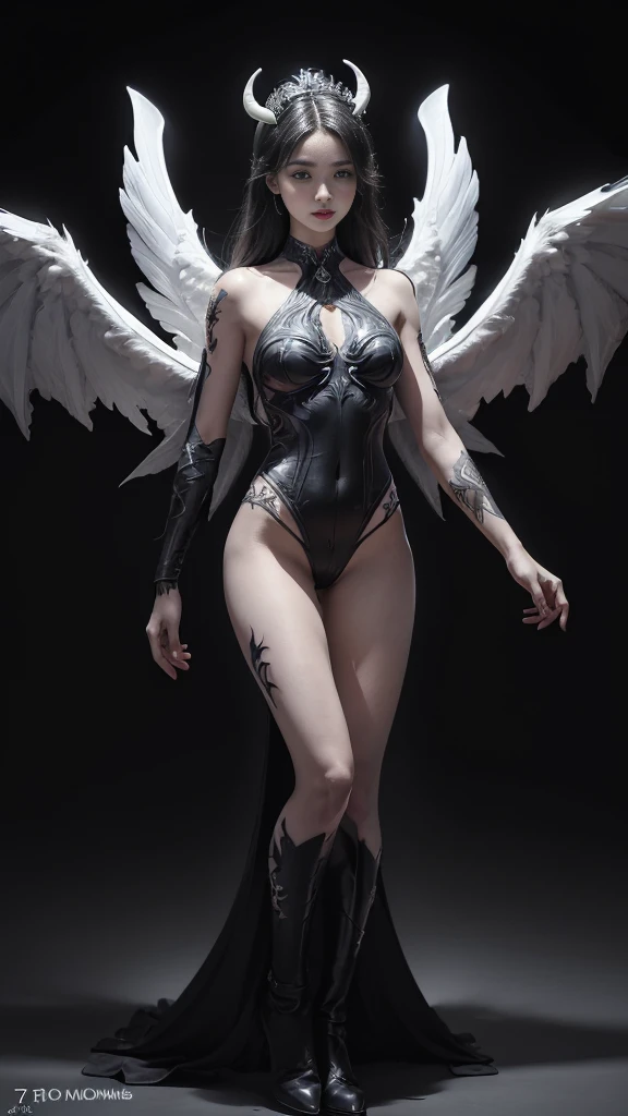 ((Perfect dynamic composition:1.7, Detailed tattoos all over the body:1.6, Wear exquisite jewelry:1.6)), Highly detailed skin and facial features:1.3, Details of the limbs, wings on shoulder, Angel wings and devil wings, white wings and black wings, (Realistic picture, highest resolution, 16ก), (A demon god with wide wings and enormous power on his shoulders..., Twelve wings on the shoulders., black bat wings:1.3 white angel wings:1.5), 6 angel wings, 6 devil wings, (Beautiful girl with two meter long hair, shiny black hairงาม, Smooth white skin, Lips are very red.), ((stand, already)), (big breasts, หัวBig tits), (gigantic breast, breast augmentation, Breast 400 cc., small waist, hips raised, small thighs, Long legs), (dynamic poses), (Armor that slightly conceals the body), Separate theme, (Angel wings and devil wings), floating in the air above the groundดิน, background darkness, Embraced with twelve wings, The horns that grow from the head are like a crown., He who has light, wears little armor, There is power coming out of the body., sparkling wings, white light black light, amazing wings, beautiful gesture, 8K resolution, Resolution 4000 x 2250 pixels, beautiful gesture, Angel wings and devil wings, (Realistic picture, highest resolution, 16K), (A demon god with wide wings and enormous power on his shoulders.., Twelve wings on the shoulders., black bat wings:1.3 white angel wings:1.5), Angel wings and devil wings, white wings and black wings,, Have wings 100 Have wings 1000, Angel wings and bat wings, wings inserted between wings, 12 wings, 6 angel wings, 6 bat wings, Angel wings and devil wings, white wings and black wings,, (Beautiful girl with two meter long hair, shiny black hair, Smooth white skin, Lips are very red.), very long hair, ((stand, toe)), (big breastsโต, หัวBig tits), (gigantic breast, small waist, hips raised, small thighs, Long legs), (dynamic poses), (black and white leotard, There are beautiful patterns., Decorated with gold embroidery., Show off your chest), Separate theme, (Angel Wings and Demon Lord Wings), floating in the air above the ground, background darkness, Embraced with twelve wings, He is white and black., A rainbow glow on the back of the head, The most busty breasts, Big tits, universe backdrop, dynamic gesture, Drive the skin, Smooth white skin, (The wings are in layers, alternating with white, alternating with black. The wings are alternating with layers of white, alternating with layers of black, and alternating again.), gold pattern set