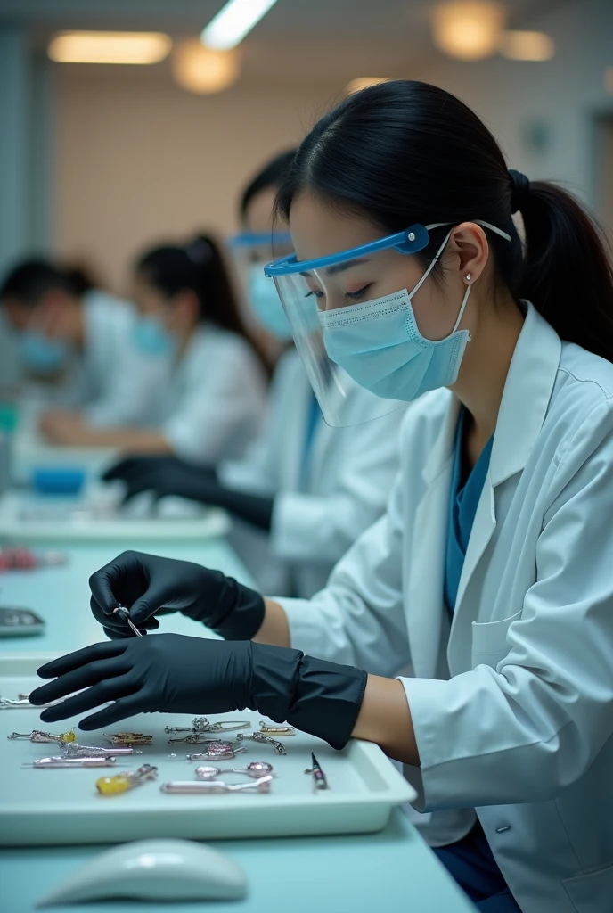 korean gynecologist girl, with very long black latex gloves, mask, face shild, instruments, and work with patients, patient horny girl with gloves