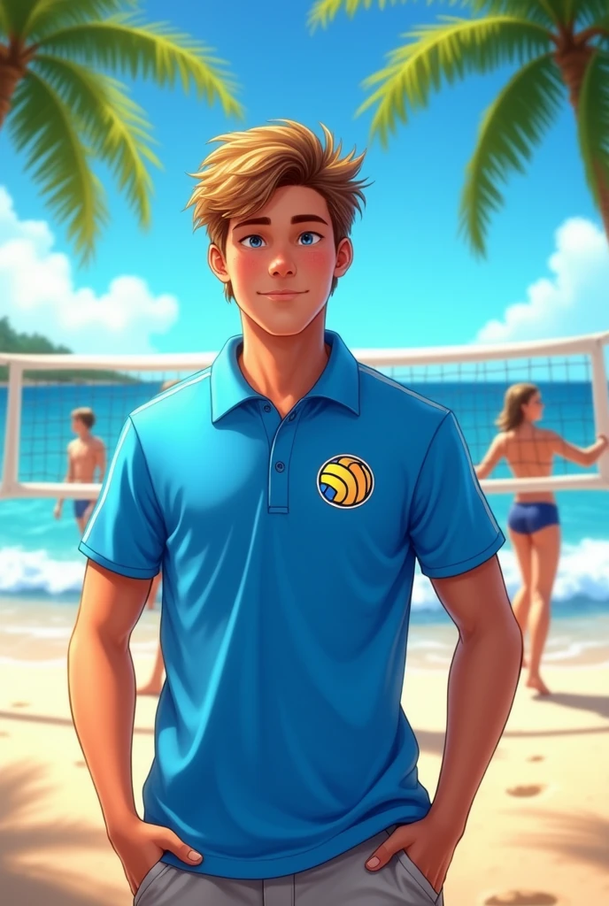 Blue polo with volleyball chess logo 