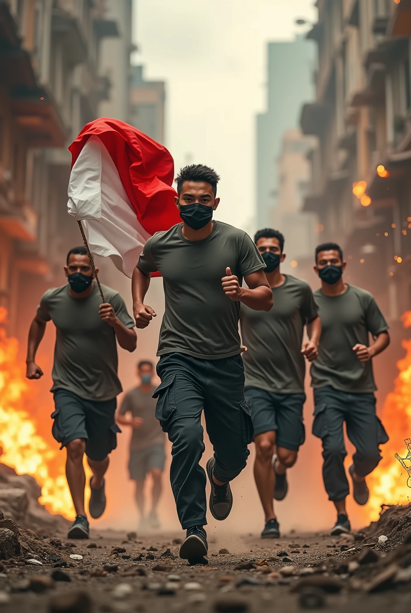 (photorealism:1.2), 5 youngman(wearing t-shirts and black army cargopants) with a mask, running while carrying the indonesian flag in the chaos city, and the other hand is pointing to the enemy, dust and rocks, war conflict, flames and destroyed buildings etc.