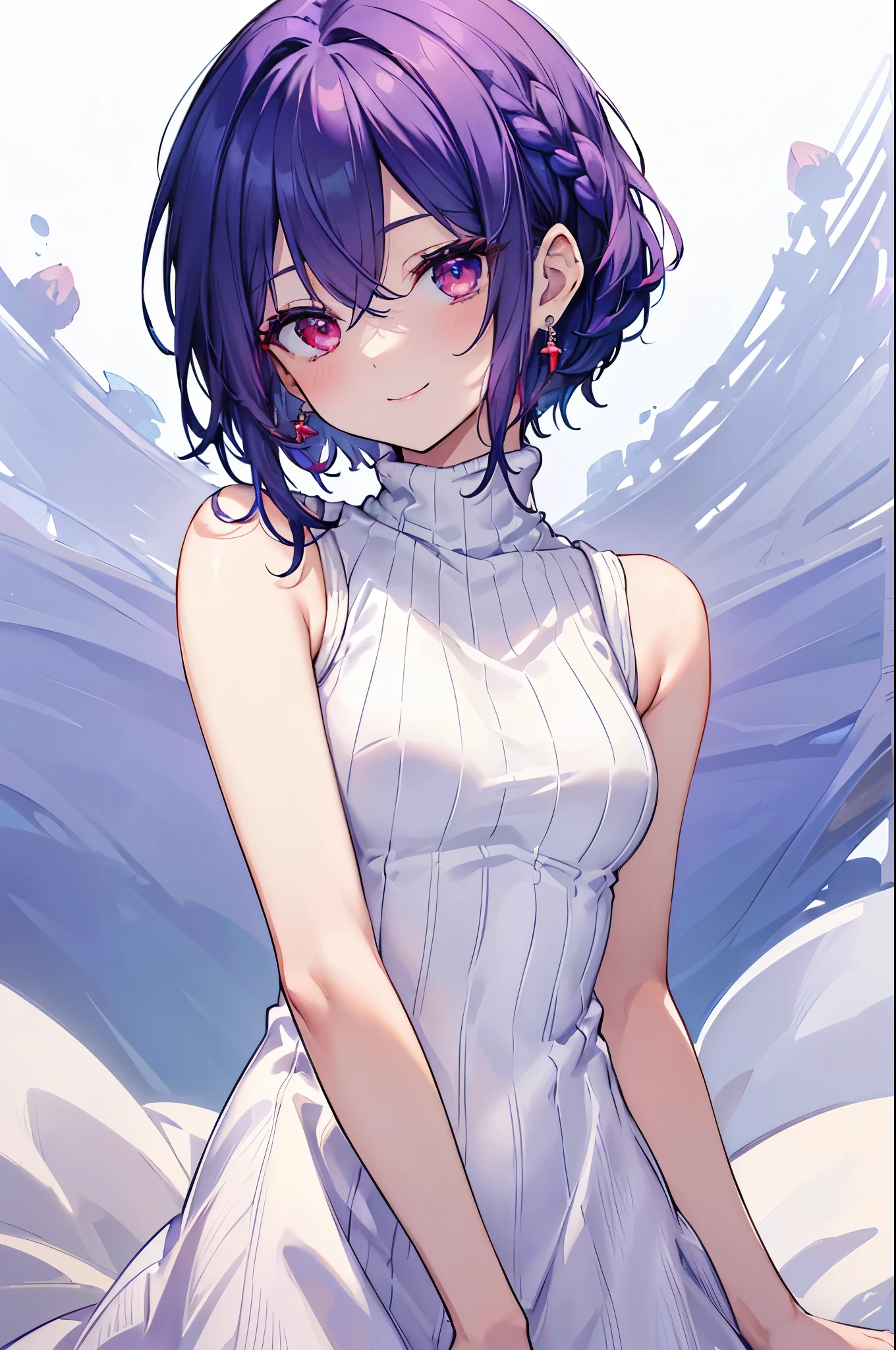{{masterpiece}}, The best quality of life, 超High resolution, Attention to detail, high quality, High resolution, 最high quality, 4K, 8k,Attention to detail,((short indigo hair、Deep blue short hair)Braided Hair) 、 Cute female, 、One woman、(((Crimson Eyes、Red eyes、Red eyes、Beautiful attention to detail,A woman with beautiful eyes)))、Expressionless adult woman、((White background))、small but well-shaped breasts,、(((Light purple sleeveless turtleneck knit dress、tanding smiling、Cute Smile、Small earrings
