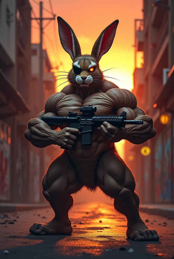 armed rabbit, with angry face, with a bodybuilder and a patched eye