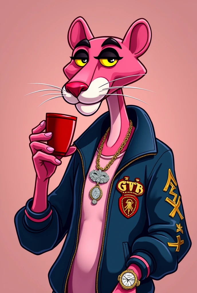 The pink Panther cartoon character sipping on the drinks from a red cup wearing a Chris brown Pyramids  Bomber jacket with VVS diamonds round its neck with a pendant of the pink panther in diamond  a Patek watch rounded to the wrist. Standing sideways and staring so cool into the camera .Art must be in 2d format