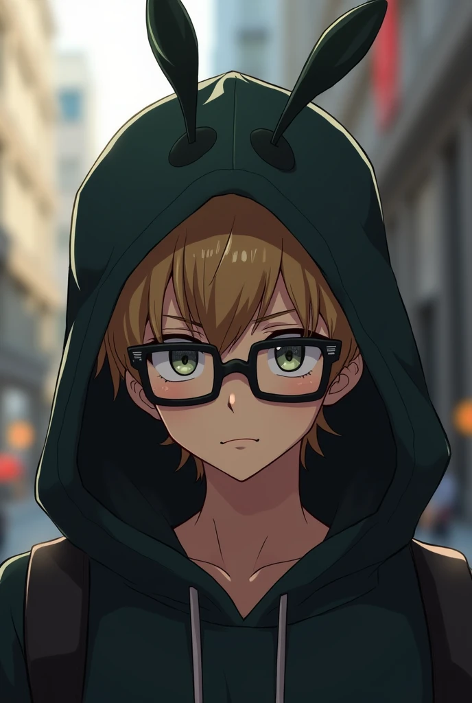 A young adult male with light brown hair looking reserved and bashful. Rectangular glasses. Insecr-like antennae on his head. Headshot. My Hero Academia. U.A. Student. Wearing a large hoodie. 