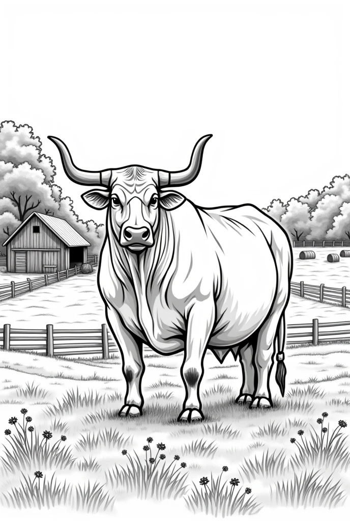Generate a coloring image of the bull on the farm format 3:4
without color

