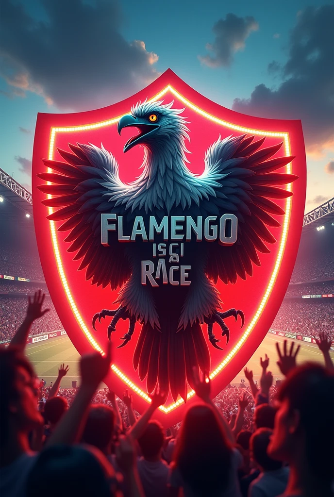 Shield of the Falmengo football club with exuberant lights, with an image of a fierce vulture screaming the Phrase "Flamengo is a race". drawing with realistic strokes