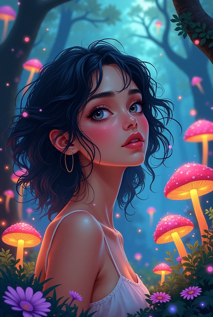 nahida (masterpiece), (best quality), (very detailed),(disheveled hair),(illustration), (1 woman), Beautiful detailed eyes,delicate and beautiful face,floating,(highly saturated),(colorful splashes),Colorful bubbles,(shining),focus on face, Take a walk through a forest full of colorful mushrooms