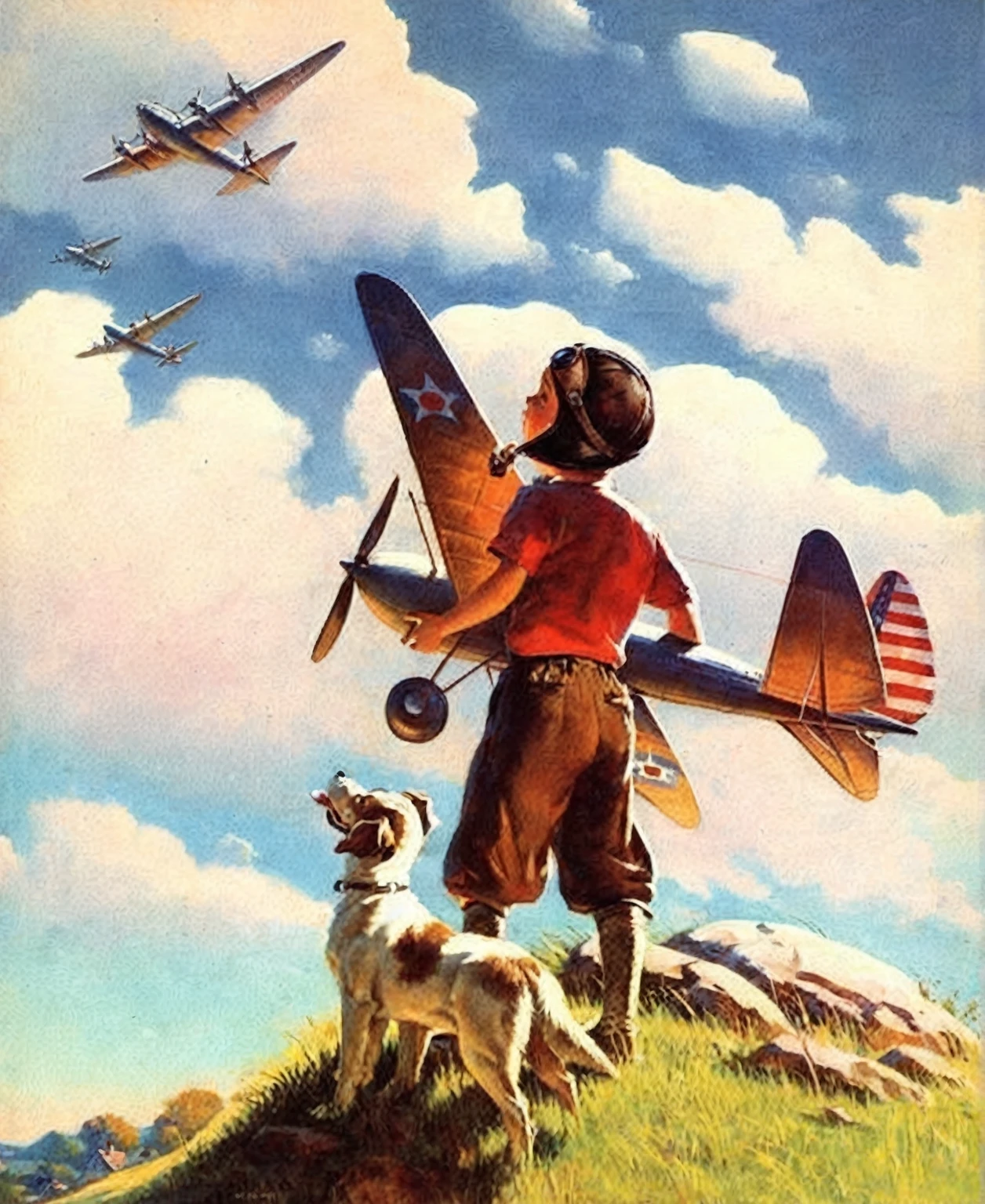 painting of a boy and his dog watching a blimp in 1940 (Fitzpatrick Art), Directed by: Frank Leonard Brooks, Directed by: Jon Whitcomb, Directed by: Thomas Hart Benton, by Howard Lyon, inspired by Kadir Nelson, inspired by Art Frahm, by Art Frahm, by Tim Hildebrandt, by Bob Ringwood, military art, by Ernesto, angus mcbride