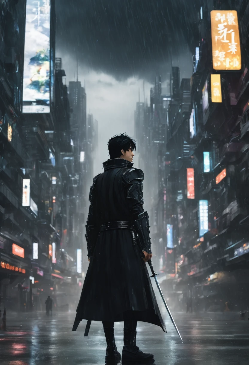 Melancholy male swordsman with medium black hair, wearing a black uniform, in a futuristic city with a completely overcast sky and rain.
