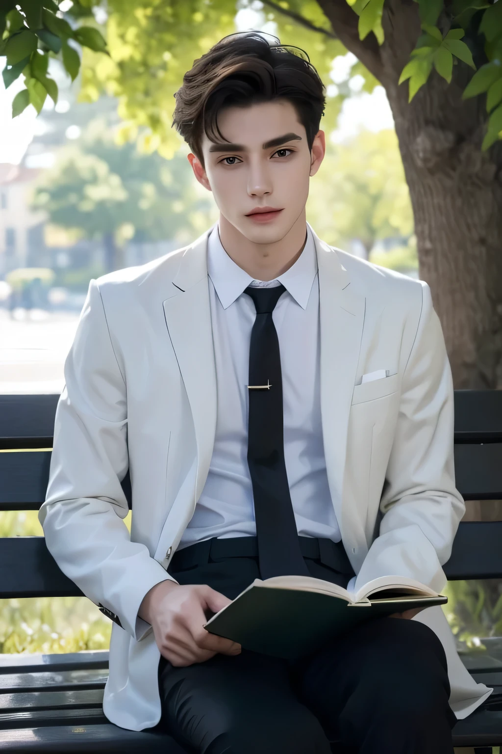 Young man, European Man, white shirt and black pants, relaxed tie, sitting on a bench, reading a chemistry book, daylight, naturalness, in detail, masterpiece, high quality