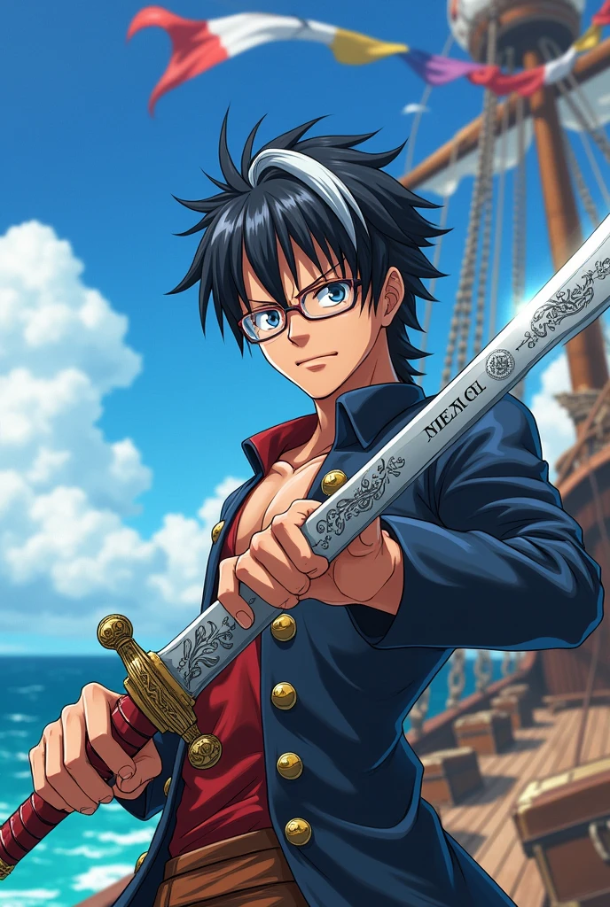 Create a male sword-wielding character in the style of a One Piece anime with black hair and a white streak, and the character has been wearing glasses. 