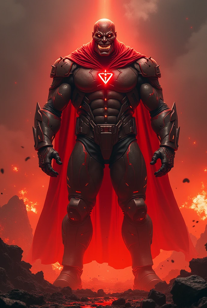 Male, giant, muscular, red skin, villain, glowing eyes, shark-like teeth, red, cowl, futuristic space armor, shining logo, blood, fire