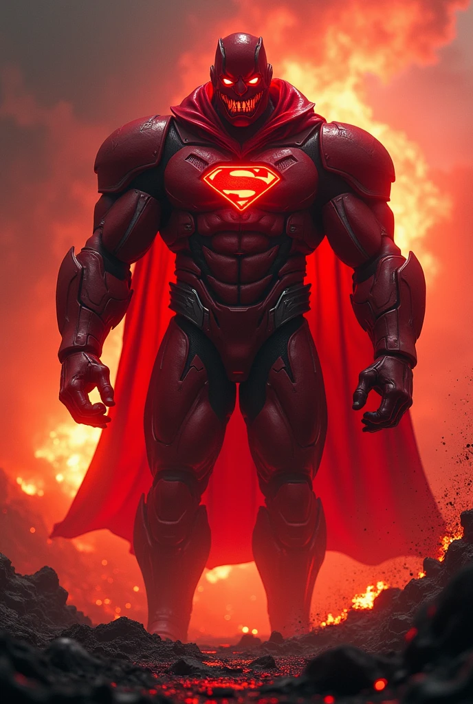 Male, giant, muscular, red skin, villain, glowing eyes, shark-like teeth, red, cowl, futuristic space armor, shining logo, blood, fire