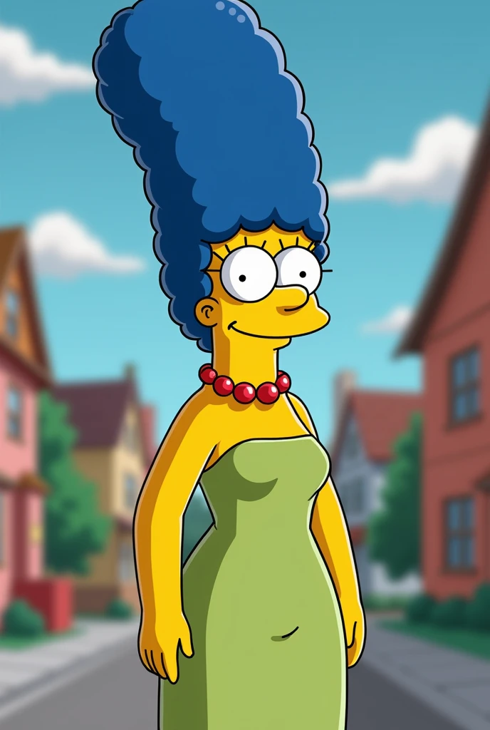 Draw a picture of Marge Simpson showing her chest, but instead of her chest, it's Homer Simpson's eyes, and it continues as a drawing of Homer down to half of his body.