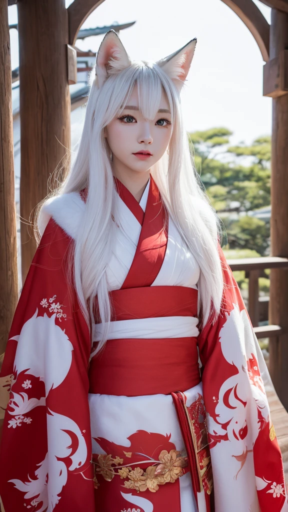 White Demon Fox、Nine-tailed Fox、Japanese women、kimono、Fair skin、Red lines on face、8K、I have long hair