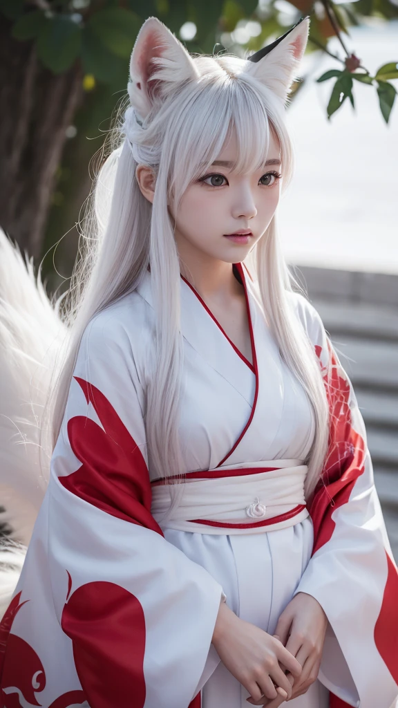 White Demon Fox、Nine-tailed Fox、Japanese women、kimono、Fair skin、Red lines on face、8K、I have long hair