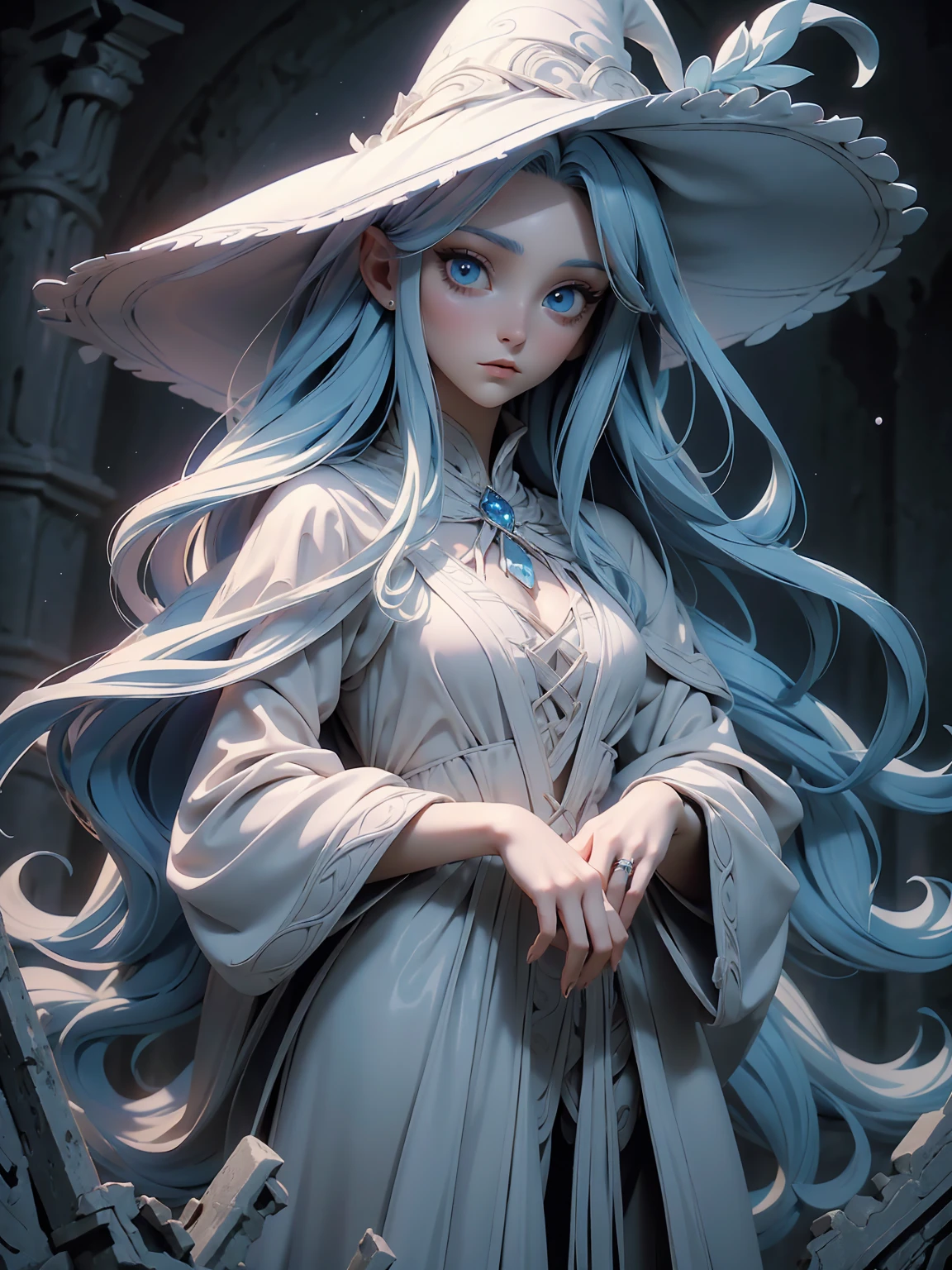 (masterpiece,best quality,ultra-detailed),1girl,medium long hair,blue hair,bibrant color hair,white witch hat,white witch outfit,beautiful and detailed face, detailed eyes,in a ancient ruin of black stone,cloudy, night, shadow, darkness(grey theme),looking at viewer