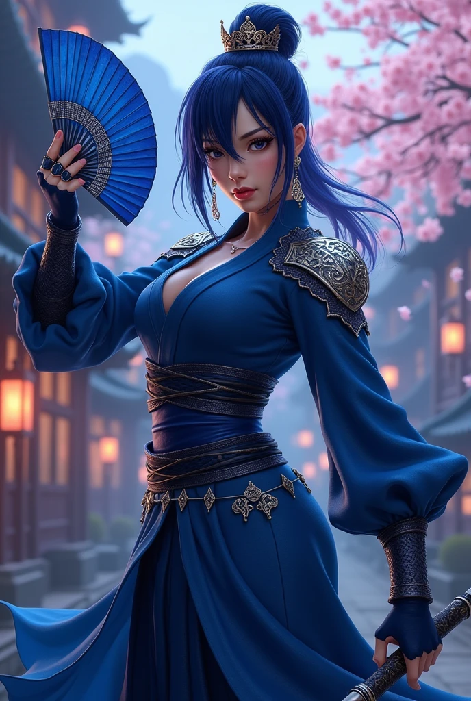Kitana wears dark blue and has Japanese eyes, she wears large earrings and is a ninja, her weapons are blue fans, silver shoulder pads , a blue cape , gloves and nails of the hands blue wear a blue mask that covers the mouth uses pins in the hair, blue hair band
Crown