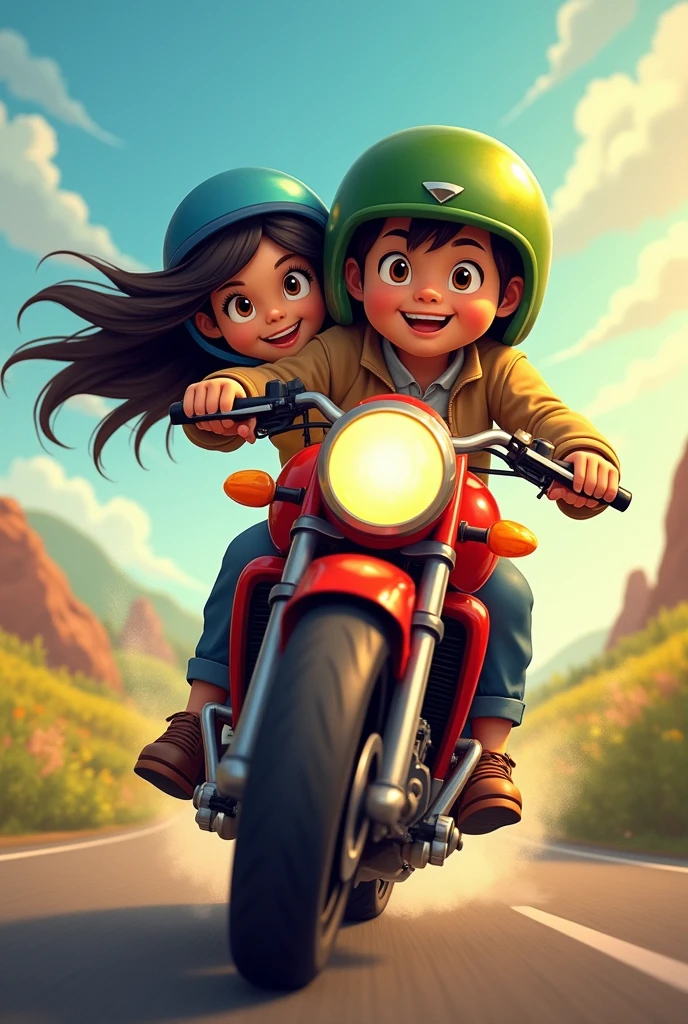 a boy and a girl traveling on a red motorcycle.  The boy is driving the motorcycle.  The boy has a green helmet.  The girl has a blue helmet.  the girl has long black hair. the motorcycle moves from left to right of the image