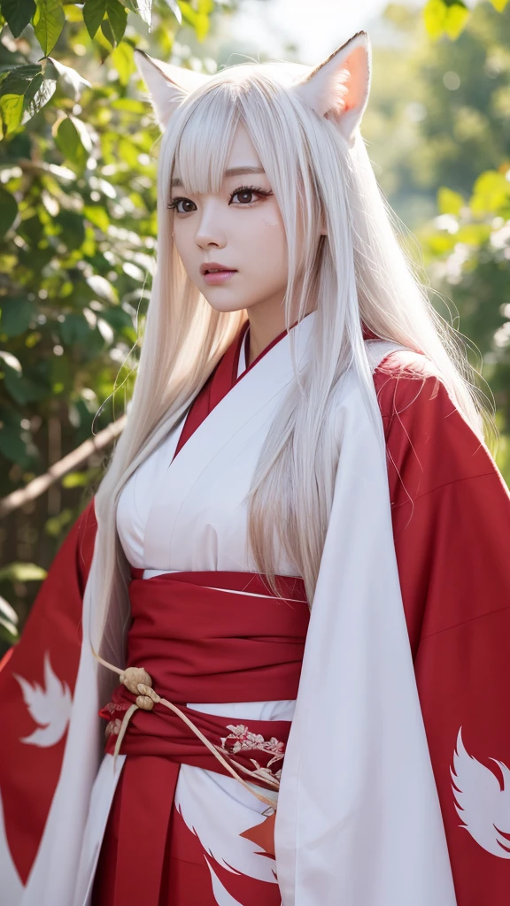 White Demon Fox、Nine-tailed Fox、Japanese women、kimono、Fair skin、Red lines on face、8K、I have long hair