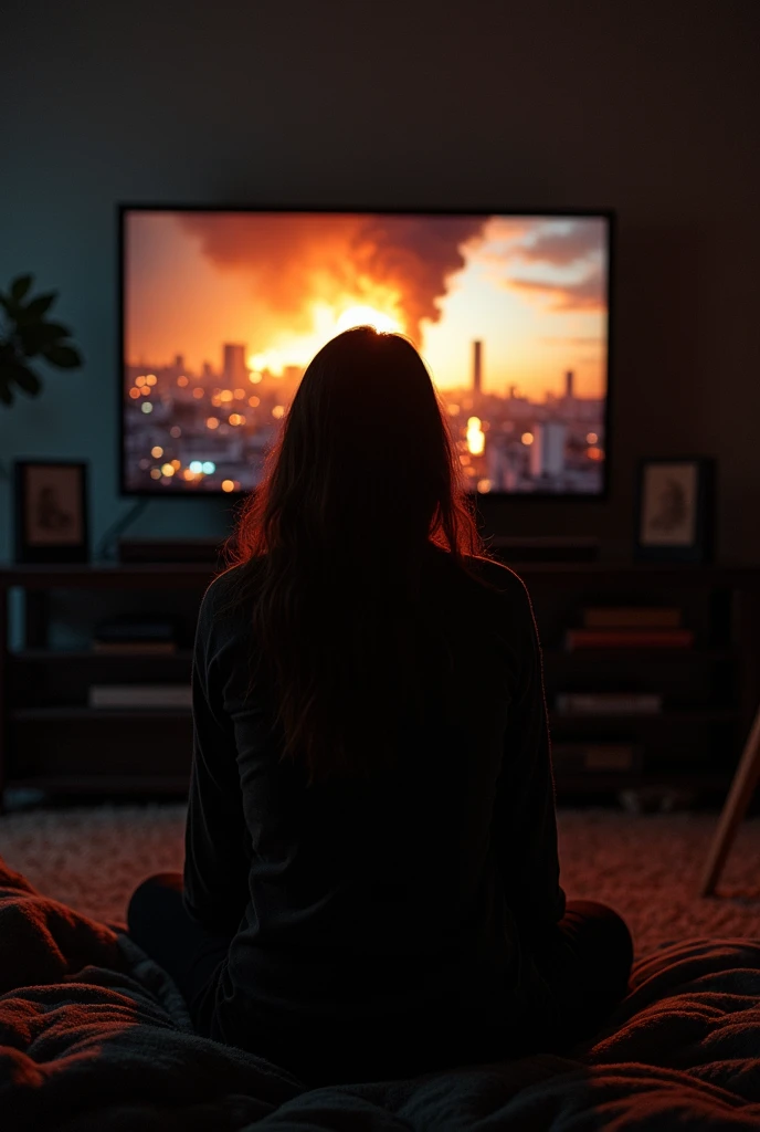 a living room with a television showing urgent news about a devastating attack on the capital. the news shows terrifying images of buildings in flames and reduced to rubble, a black and toxic cloud covering the city, and people are running in panic. the environment around Bruna is in chaos: The television is on, and the distant sounds of sirens and screams are almost palpable.