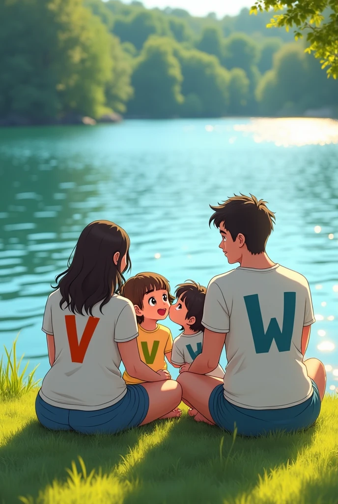 A woman and a man facing the camera, sitting next to a lake with 2 children kissing. Each  is wearing a shirt with the initials V and W. Vicky is white and the woman has a V on her shirt and the man has a W. The initials should be in anime style. Vicky has brown eyes and the woman has the initial V and the man has the W, one initial on each shirt. The woman should be a little overweight.
