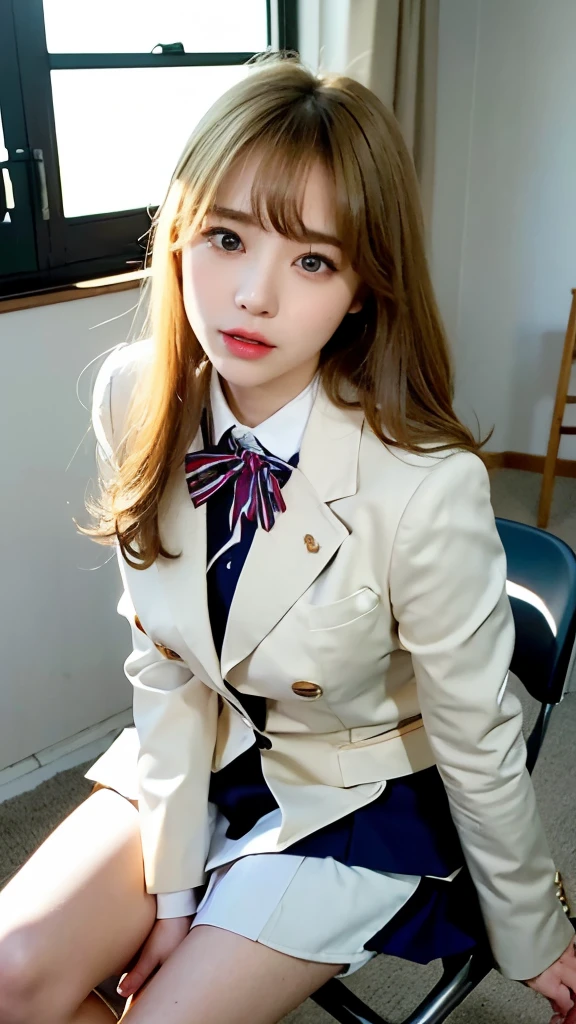 16K quality、最high quality, High resolution, Actual Photos, (Ultra-realistic、Realistic)、((Full body portrait))、(((very beautiful blonde teenager)))、 ((sitting on a chair in the classroom))、 (((blonde)))、 ((Shiny Hair、stick out one ear、Medium Long Hair))、(blue eyes)、((idols wearing Nogizaka uniforms))、blazer、Neck ribbon、Checked mini skirt、Brown Loafers、(Big eyes、Very beautiful and subtle makeup, Light makeup, blondeの美しい髪)、((Her legs are spread open and her miniskirt is rolled up to show off her White panties.))、((Do not hide your panties))、(White panties)、Highly detailed eyes and face、Well-groomed nose、Thin eyebrows、(Perfect Eyes）、Perfect hands、Perfect Fingers、 (F Cup Big)、はっきりしたdouble eyelid、Patchy's eyes、clear, Beautiful face and well-proportioned eyes, ( Very beautiful and subtle makeup, Light makeup、Well-groomed nose、Thin eyebrows), Border Light, (Soft Light, high quality, Smooth and sharp, 10x pixelation, Beautiful Eyeshadow),（(Browsing Caution))、((Ecstatic expression、reach sexual climax))、mouth hanging open、Sexy mouth、(Cute Japanese)、 smile、Fine and beautiful lips , Cute round face, Plump thighs、Accentuate your thighs、Hairstyles with bangs、Delicate body、slim、Light-reflecting skin、Model body type、Detailed fingers、Beautiful Eyes、Long eyelashes、８Head and Body、Low Angle、Light reflected in the eye、Makes your face smaller、double eyelid、Big eyes、Lip gloss、Looking into the camera、Background blur、Cinema lighting from the front、Light on the face