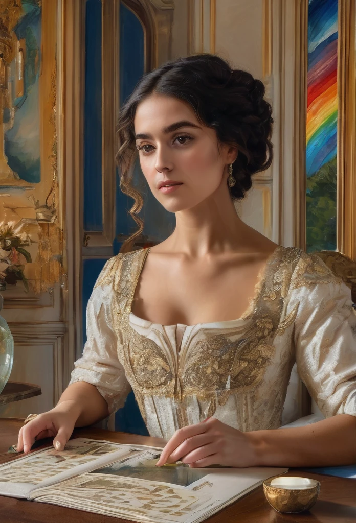 Marie Anne lenormand, white woman with black curly hair, recreate a new image or portrait of Marie Anne Lenormand sitting in front of a table reading the Lenormand oracle, in the background a neoclassical French-style living room ,Beautiful line art photo,Use gold strokes and rainbow paint,Golden Maiden,the golden ratio,Melted wax,Visible brush strokes,surrounded by crystal spheres,3D Mosaic Wireframe,neuroimaging,neurons,colours,california,intense emotion,oil on canvas,Thick strokes,insanely details,8k ultra high definition,tmasterpiece,art stations,Ultra-realistic realism,