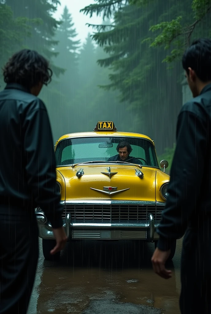 (best qualityer,4K,8k,highres,master part:1.2), ultra detali, (realisitic,Fotorrealisitic,fotorrealisitic:1.37), tenebrosa, natta, falling, ladder, YELLOW taxi, chevrolet opala, black clothing, blackquality hair, grimdark, Raby, rainny, Raby forte, ray tracing, older, muddy ground, black forest, people around the taxi, man inside the taxi scared