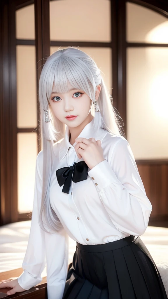 Girl Portrait Photography, Practical, high resolution, 1 female, Solitary, Upper Body, beautiful eyes, close your lips, Delicate face, White hair, Long hair, Collared shirt, Black Tie,Black skirt, Pencil Skirt, Fur coat, stocking,(Black lace exposed),