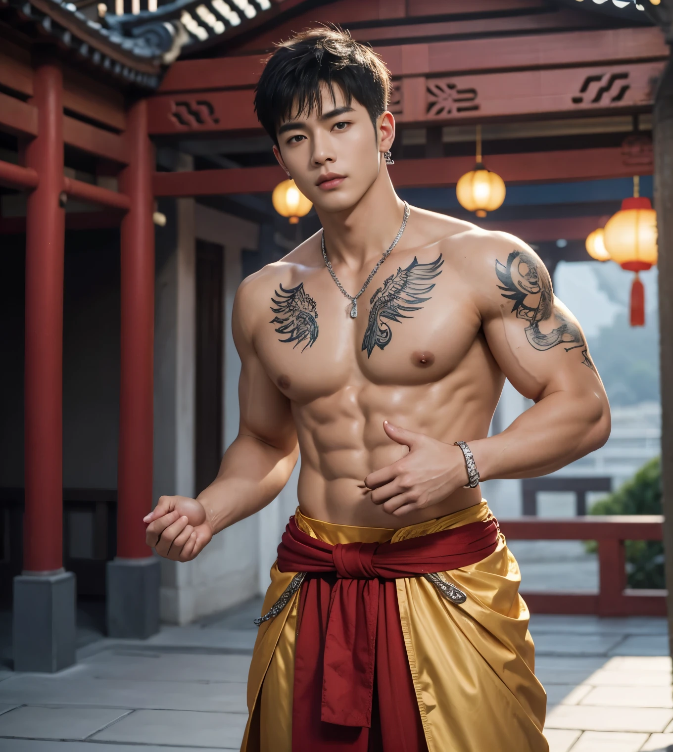 2 Handsome chinese guy fucking, having sex, full naked , show the dick, penetrate, 20 years old,hug, cuddle, touching lips, skin ship, romantic, Asian, chinese hansome actor, kpop idol, handsome male model,manly, master work, best picture quality, higher quality, high detail, super high resolution, 8k resolution, perfect eyes, perfect skin, manly jawline, manly chin, perfect hands, big chest muscles, bare chest, big juicy butts, tattoos chest, tattoo hands, tattoo arms,earings, ancient pendents, braceles, glowing eyes, short hair, hair details, detailed background , open Hanfu transparent tulle jacket, ((red and golden clothes with silver decoration)), super sexy loincloth, naked, long big erection dick, detailed perfect dick shape, masturbate, Chinese garden background, Chinese kung fu, dragon-themed costumes, monk robes, spinning floating particles, chinese temple in background, looking at viewer
