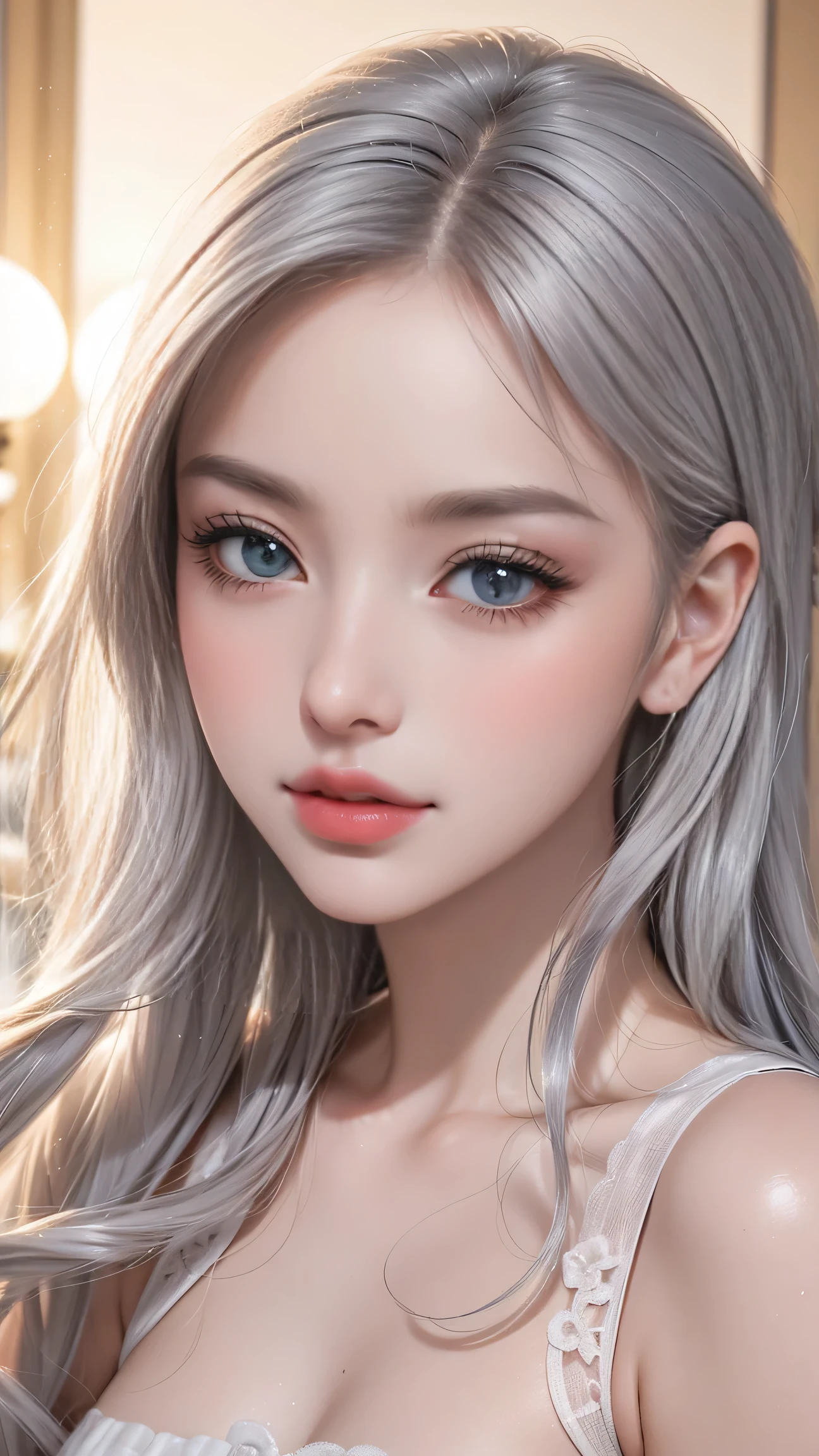 Top quality work，Actual work，Ultra Premium Graphics，8K HD CG works，High quality graphics，High-definition CG works，10x pixels，Extremely fine detail：1.1，Advanced Technical Details：1.1 Photorealistic，Indoor lighting effects：1.5，Natural light：1.5. Light effects（virtual Light effects：1.8），長いSilver Hair，Silver Hair，Transparent Hair，Hair with attention to detail（Premium Hair Detail：1.1）Clear Eyes，Beautiful double eyelids，Sharp eye makeup, Delicate eyelash makeup, Thin eyebrows, Highly detailed eyes，High nose, Nice red lips, Rose Cheeks, A face with subtle makeup , Cute face, perfectly balanced face,（Advanced Face Detail：1.1），Girl in maid outfit、 Cosplay, Knee socks, High heels, See-through,，The moonlight pours down like water，Foggy Room，Like a fairy in a painting，Slim sexy legs，A beautiful face is beautiful and delicate，Like a finely carved piece of jade、The waves in my eyes are like twinkling stars，Show the light of patience and wisdom。The bridge of the nose is straight，Cherry lip color, her face is clear，Her skin is as white as jade，Gives a healthy glow，Her makeup is light and subtle.，Not too decorative，A light-toned foundation enhances the clarity of your skin.，Eye makeup: eyeshadow and eyeliner，Make her eyes brighter and more cheerful、Add a touch of glamour and sophistication，Wear white to beat the snow，Clothes fluttering，It&#39;s about to be blown away by the wind，Drifting Away。Beautifully embroidered patterns on clothing，Without losing grace，Showing off incredible skills。Wear a wide belt around your waist，A transparent jade pendant hangs from it.，Swaying with her movements。Her hair is casually tied back，Fix with hosta，A few strands of hair are swaying gently in the wind，Add a little softness、Charmed everyone&#39;Note、Grace、mystery、full of power,(White panties are visible),