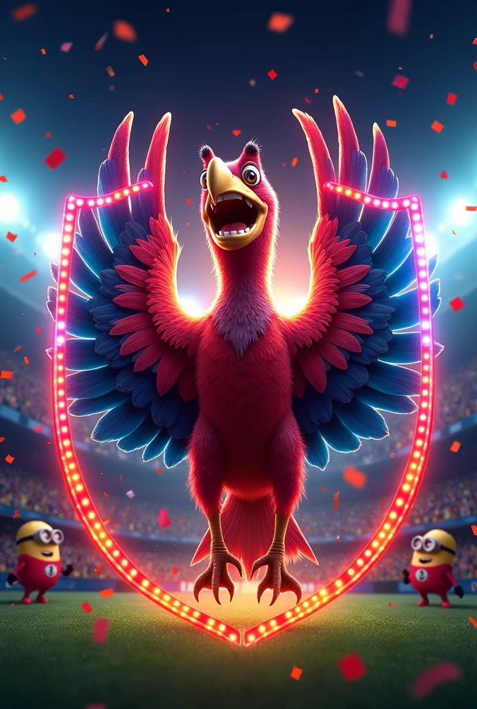Shield of the Falmengo football club with exuberant lights, with an image of a fierce vulture screaming the Phrase "Flamengo is a race". drawing with Pixar and Minions style