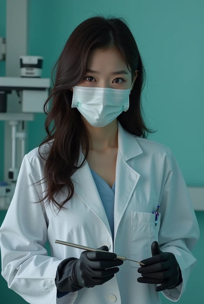 Nsfw. korean gynecologist girl, with very long black latex gloves, mask, face shild, instruments, and work with patients vaginas, patient horny girl with gloves