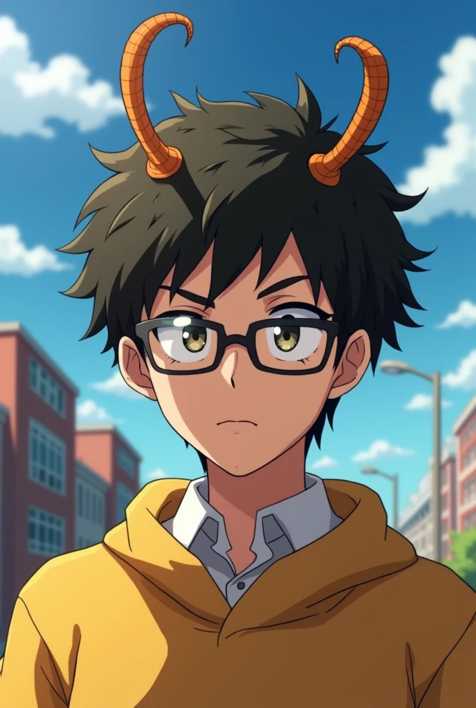 A young adult male with brown hair looking reserved and nervous. Rectangular glasses. Insect-like antennae on his head. Headshot. My Hero Academia. U.A. Student. Wearing a large sweater.