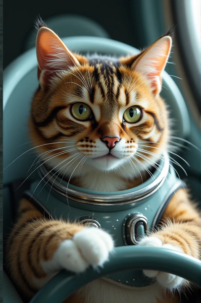 Make me a chunky, short-haired adult tabby cat with yellowish-green eyes., clear and large, with white chest and white gloves piloting a spaceship (that the cat looks realistic)