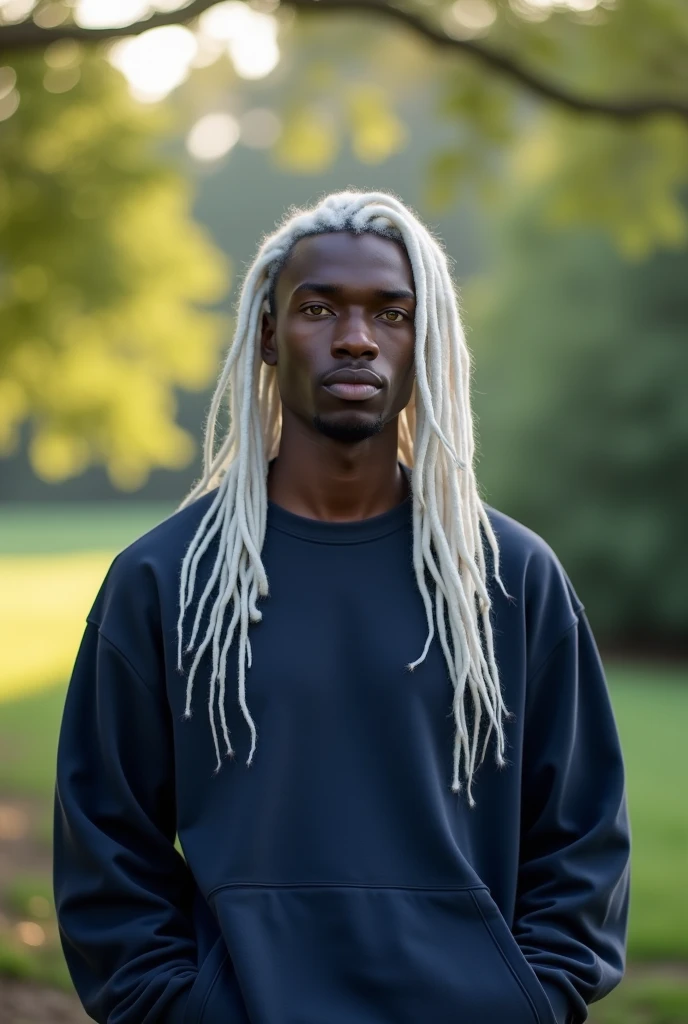 A black-skinned man with straight white hair down to his shoulders, yellow eyes a serene and calm expression. A looser outfit, with a dark blue baggy sweatshirt