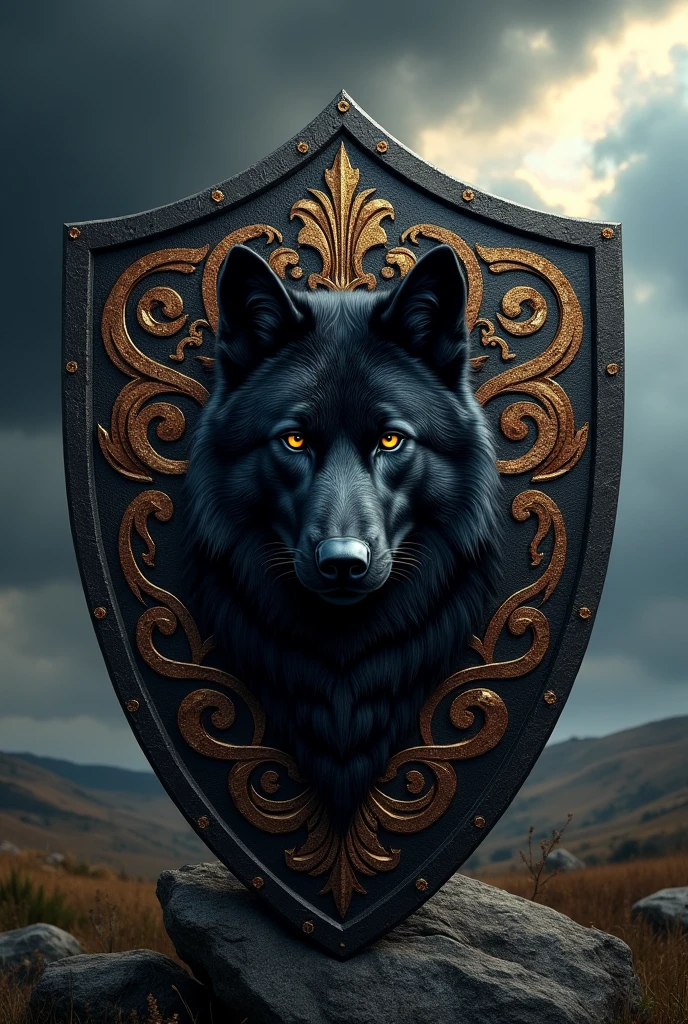 Black shield, brown and gold, with a black wolf