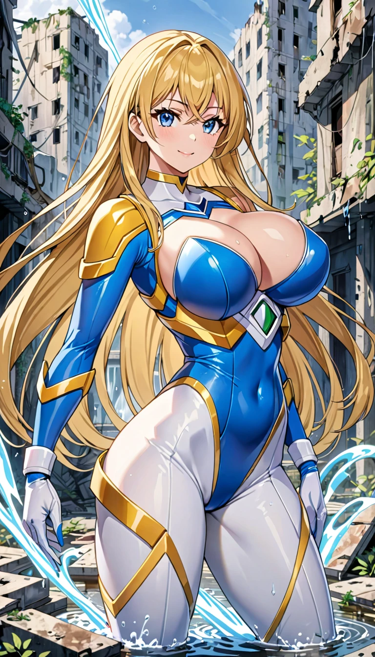 ((masterpiece)), ((Ultra quality)), ((super detailed)), ((high resolution)), ((8k)), a beautiful woman, ((She is one of the most famous actress in the world)), unparalleled beauty, ((large breast:1.4)), ((large ass)), ((deep cleavage)), slim waist, chest out, ultra detailed face, perfect skin, (((waist length hair, ((long straight golden hair)), crossed bangs))), ((blue eyes)),  detailed eyes, whole body image, sexy, an inviting smile, sensual, (((anime))), ((glamorous)), sexual attraction, ((23 years old)), ((incredibly beautiful woman)), ((The H cup bust)), ((sexy pose)), ((neat and clean.)), (((Power Ranger))), heroine,  (((high leg cut leotard, white line on blue colored leotard power suit, Light Armor))),  ((beautiful breasts)), beautiful legs, 8 life size, the most beautiful and strongest, ((charm)), ((Talented woman, Keeping Calm, During a battle in an abandoned city)), ((Attack with water magic)),