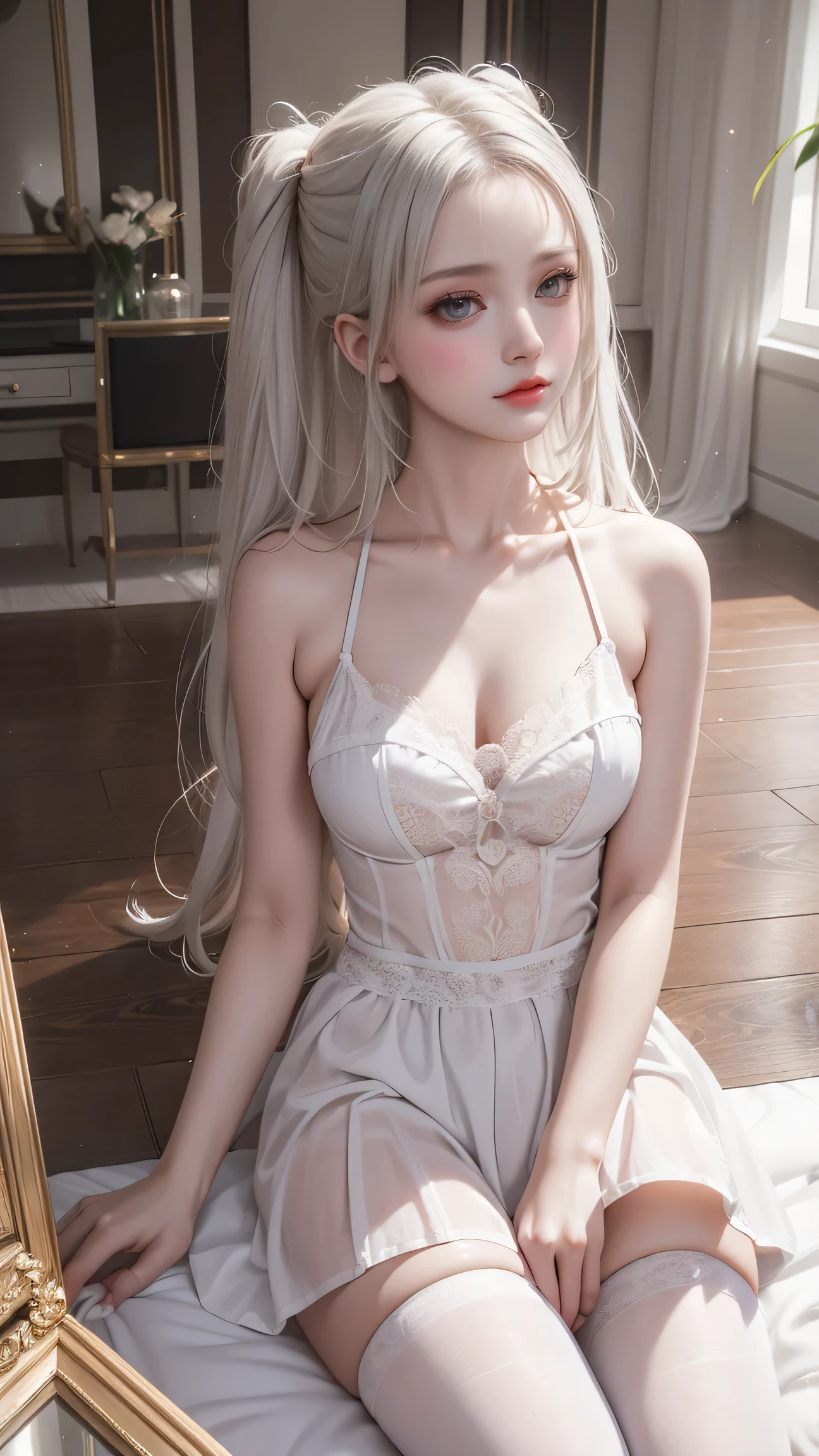 Top quality work,Actual work,Ultra Premium Graphics,8K HD CG works,High quality graphics,High-definition CG works,10x pixels,Extremely fine detail:1.1,Advanced Technical Details:1.1 Photorealistic,Indoor lighting effects:1.5,Natural light:1.5. Light effects(virtual Light effects:1.8),長いSilver Hair,Silver Hair,Transparent Hair,Hair with attention to detail(Premium Hair Detail:1.1)Clear Eyes,Beautiful double eyelids,Sharp eye makeup, Delicate eyelash makeup, Thin eyebrows, Highly detailed eyes,High nose, Nice red lips, Rose Cheeks, A face with subtle makeup , Cute face, perfectly balanced face,(Advanced Face Detail:1.1),Girl in maid outfit、 Cosplay, Knee socks, High heels, See-through,,The moonlight pours down like water,Foggy Room,Like a fairy in a painting,Slim sexy legs,A beautiful face is beautiful and delicate,Like a finely carved piece of jade、The waves in my eyes are like twinkling stars,Show the light of patience and wisdom。The bridge of the nose is straight,Cherry lip color, her face is clear,Her skin is as white as jade,Gives a healthy glow,Her makeup is light and subtle.,Not too decorative,A light-toned foundation enhances the clarity of your skin.,Eye makeup: eyeshadow and eyeliner,Make her eyes brighter and more cheerful、Add a touch of glamour and sophistication,Wear white to beat the snow,Clothes fluttering,It's about to be blown away by the wind,Drifting Away。Beautifully embroidered patterns on clothing,Without losing grace,Showing off incredible skills。Wear a wide belt around your waist,A transparent jade pendant hangs from it.,Swaying with her movements。Her hair is casually tied back,Fix with hosta,A few strands of hair are swaying gently in the wind,Add a little softness、Charmed everyone'Note、Grace、mystery、full of power,(White panties are visible),