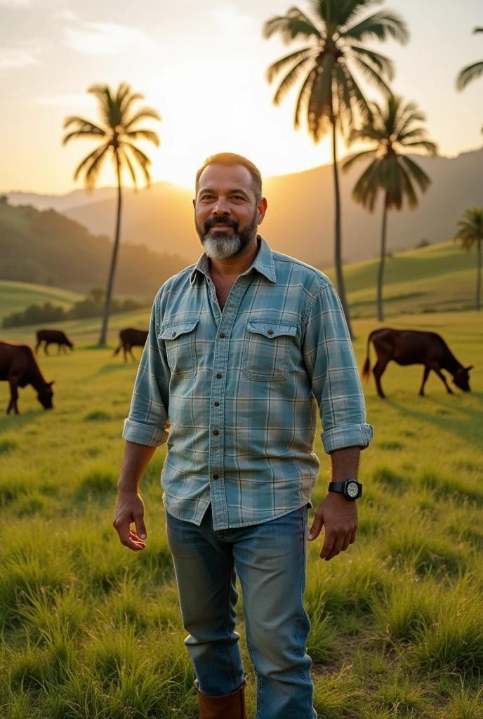 41-year-old man, Brazilian body type, who works on the farm with cattle, with clothes 