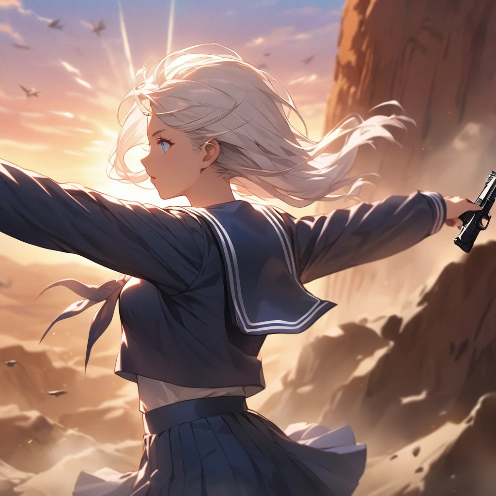 One woman,Dual pistols,Desert Eagle,Stand with your arms extended straight out.,Close-up. A woman is wearing a sailor uniform.,mini skirt,Blowing in the Wind ((blue eyes,White Hair)) The woman is a survival game avatar,Playing a battle royale,Whole body,profile,One eye, dust dances in the air,A little blurry,sunset,sun,wilderness,It's going to be slaughtered