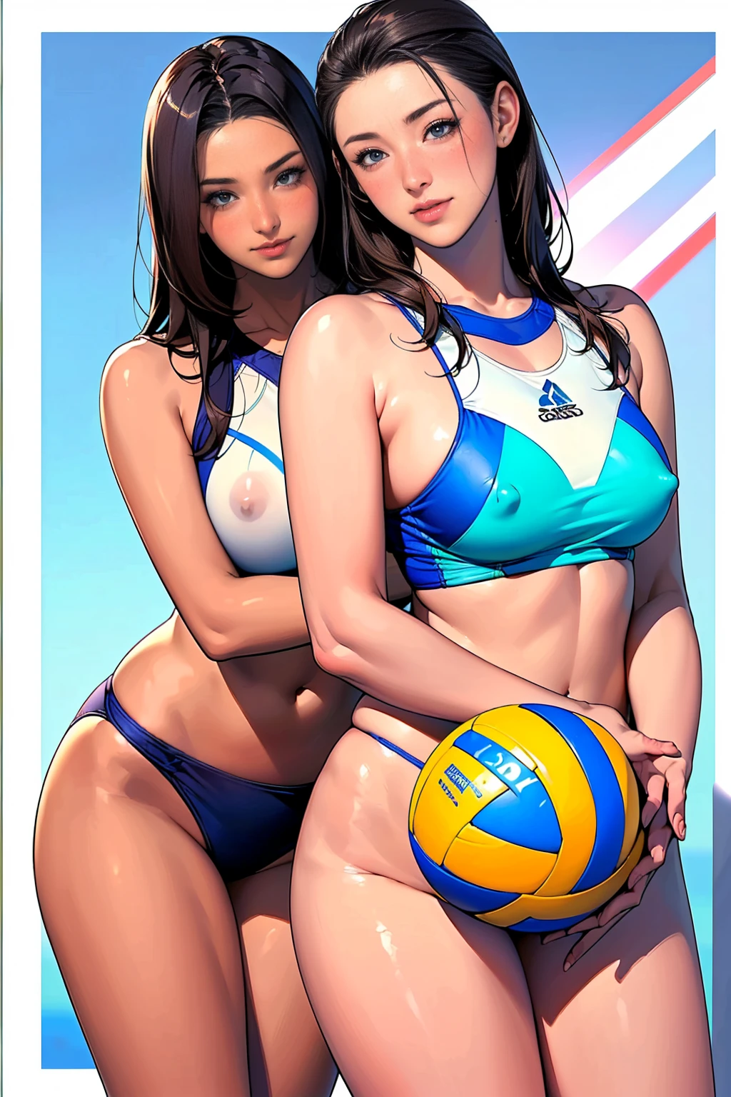 Inside the beach court, (Two Women),(Two beach volleyball players standing side by side:1.5),(Same beach volleyball team:1.5),(Beach volleyball high-leg mini bikini:1.3),(Wearing the same thing:1.5),tight:1.5, (Long Hair:1.3), I slicked my hair back..:1.5,rest(whole body:1.5),(Beautiful Eyes),(Pretty face),(Very detailedな顔:1.5),(Very detailedな女性の手:1.5),(Sunburn:1.3),(Puffy nipples),(Muscular:1.1),(Thick thighs:1.5),(Clear blue sky in the background:1.2),(((Blurred Background:1.5))),(Soft lighting:1.5),(Depth of written border:1.5),rest(((masterpiece:1.5),(Highest quality:1.5),(Very detailed:1.5),(High resolution:1.5),(practical:1.5),(practical:1.5))),4K, Victory smile,blush:1.1,