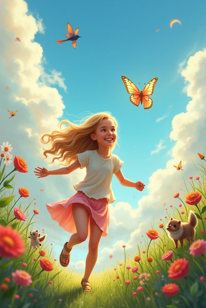The view is like heaven and fish and Animals and birds are in the image a beautiful girl is running behind the butterfly 