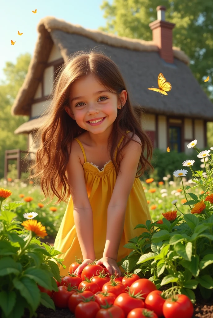 A girl is picking vegetables in the yard,The yard is planted with many vegetables,There's a thatched cottage,He looks very happy