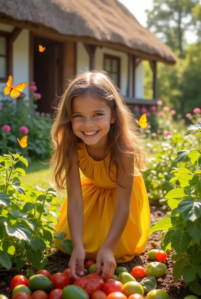 A girl is picking vegetables in the yard,The yard is planted with many vegetables,There's a thatched cottage,He looks very happy