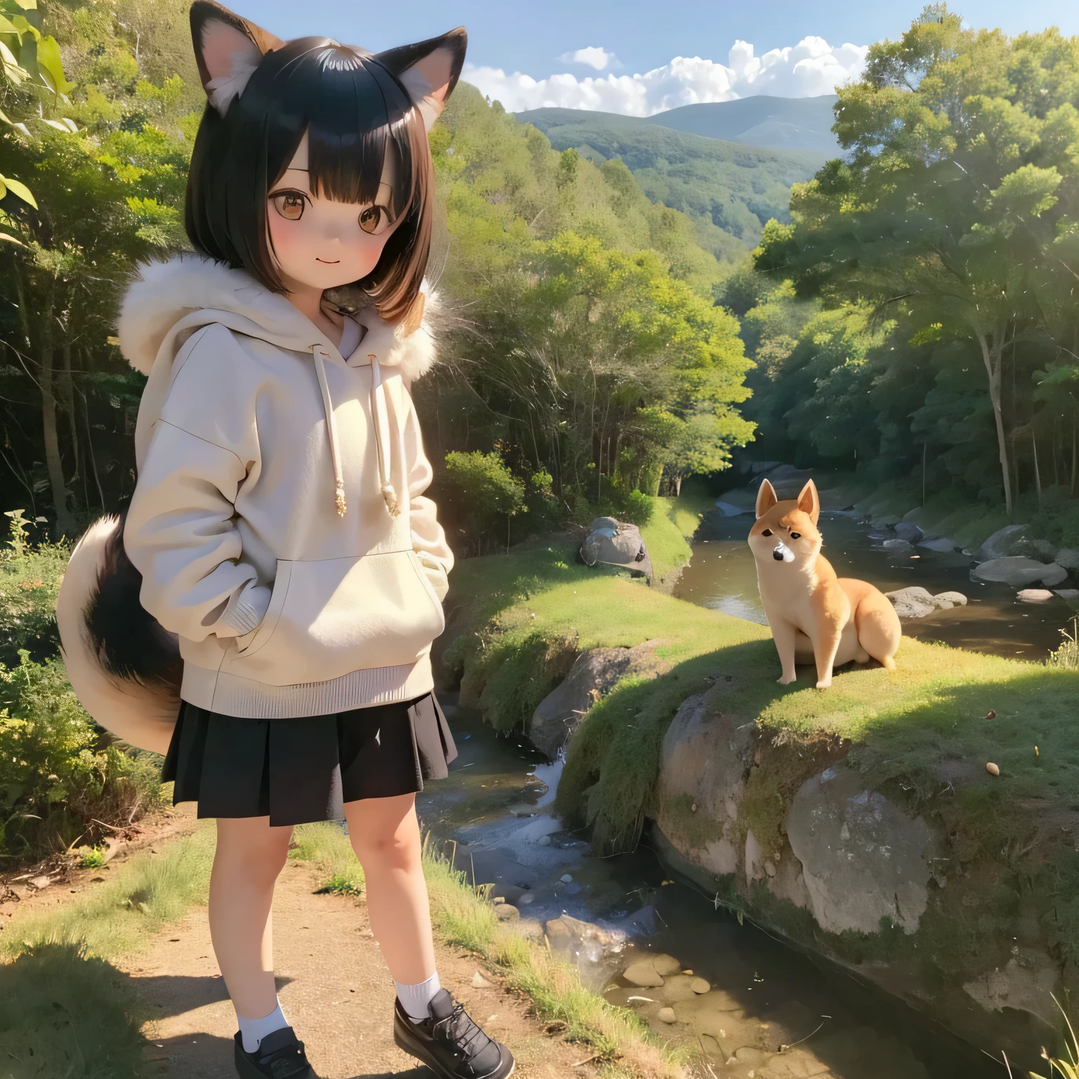 Shiba Inu girl in a rural landscape