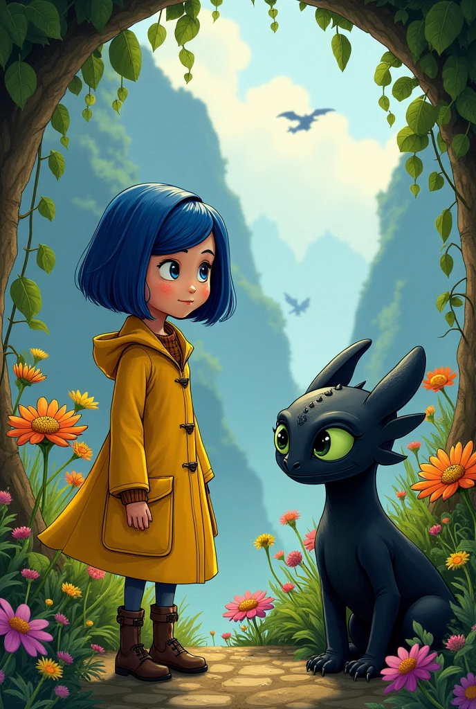 Draw a picture of Coraline from the movie "Coraline and the secret door", and next to it have Toothless from the movie "how to train your dragon"
